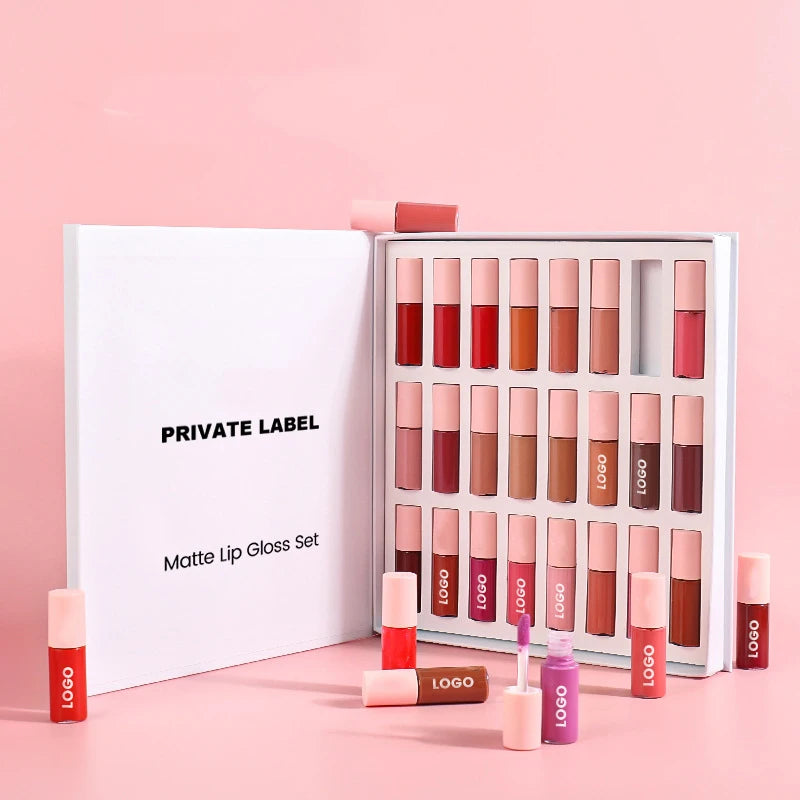 Wholesale Makeup Custom Logo Cosmetics 24pcs Lip Kit Gift Box Mini Mirror Lipgloss Gloss Set Lipstick Lipgloss Private Label