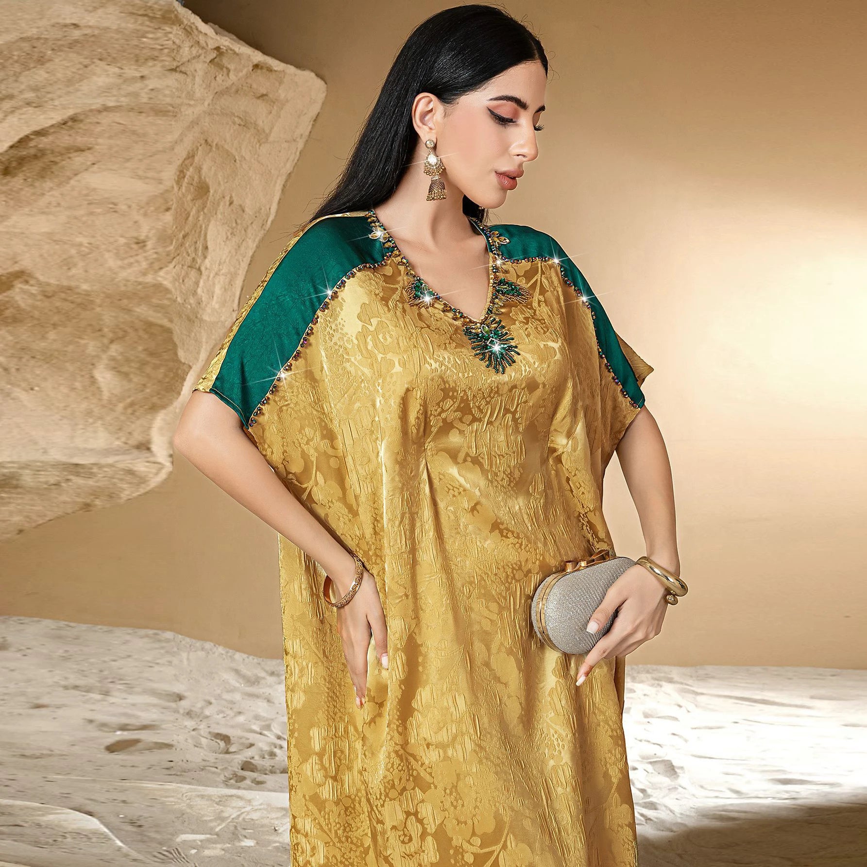 New Abaya Kaftan V-neck Long Sleeve Rhinestone Shiny Abaya Dubai for Eid Clothing for Muslim Women