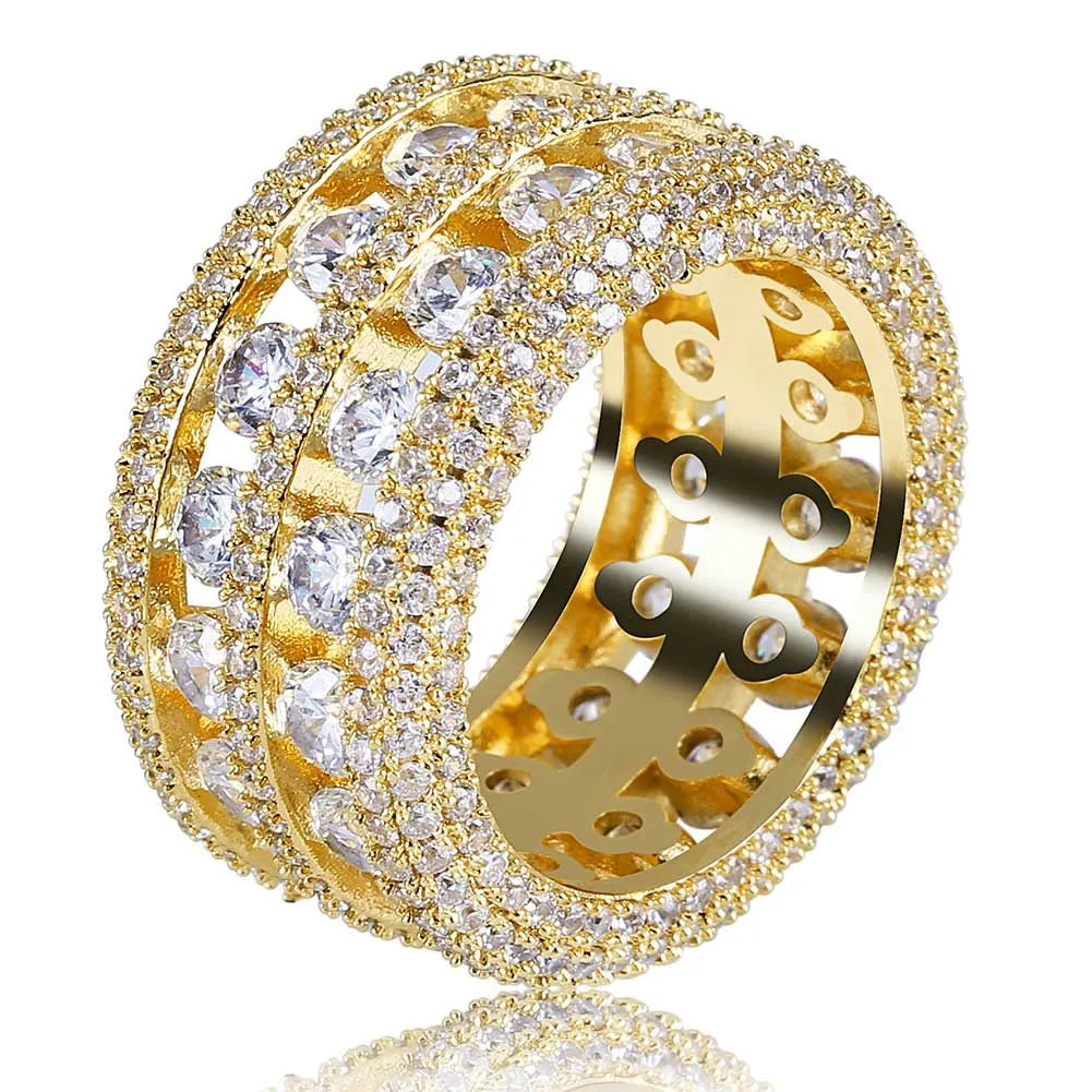 Genius Gold Silver Plated Ring No Fade Micro Paved 2 Row Hollow Out Chain Big Zircon Shiny Hip Hop Finger Ring Crystal Ring