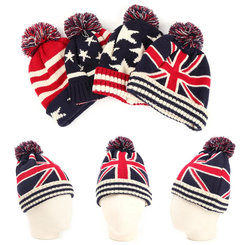 2026 Manufacturer New Product Winter Stripe Flag Wool Jacquard Knit Hats With Pom Pom Beanies Hat