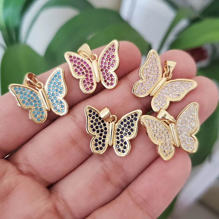 CZ8323 18k Gold Plated CZ Zircon Micro Pave Crystal Rhinestone Butterfly Charm Pendant for Necklace Jewelry Making
