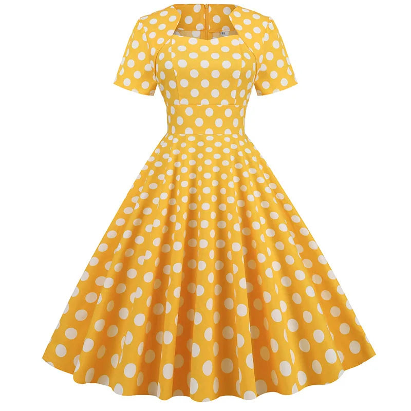 Women Vintage Dress 1950s 60s Retro Short Sleeve Polka Dot Dress Floral Cotton Women Ladies Swing Rockabilly Dresses Vestidos
