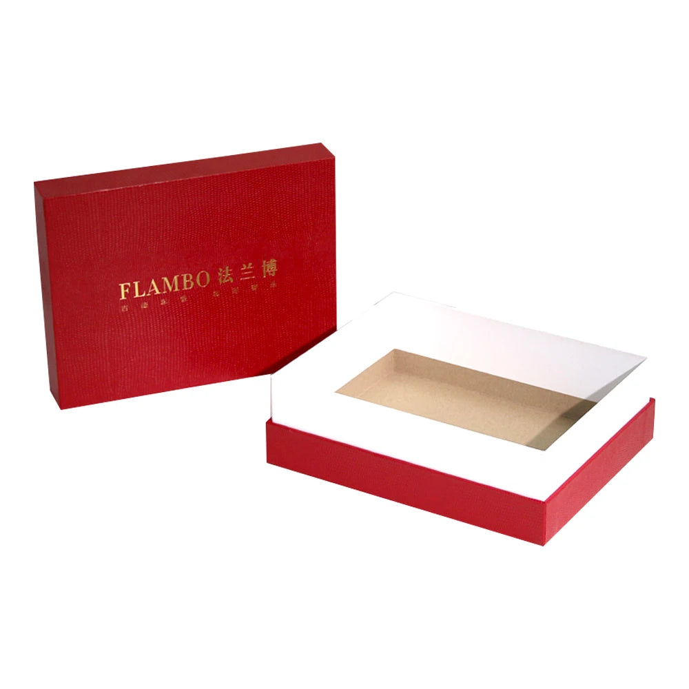 Red Rigid Paperboard Gift Box with Gold Foil Logo Printing for Brand Packaging and Premium Product Presentation