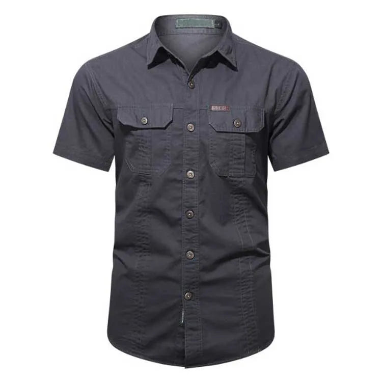 Fashion Cotton Slim Men Shirt Summer Single Breasted Cargo Short Sleeve Shirts Mens Fashion Casual Solid Loose Blouse