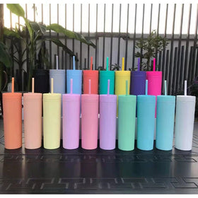 New Custom Logo Small 16oz Matte Polish Plastic Reusable Tumbler Cups in Bulk with Lid and Straw