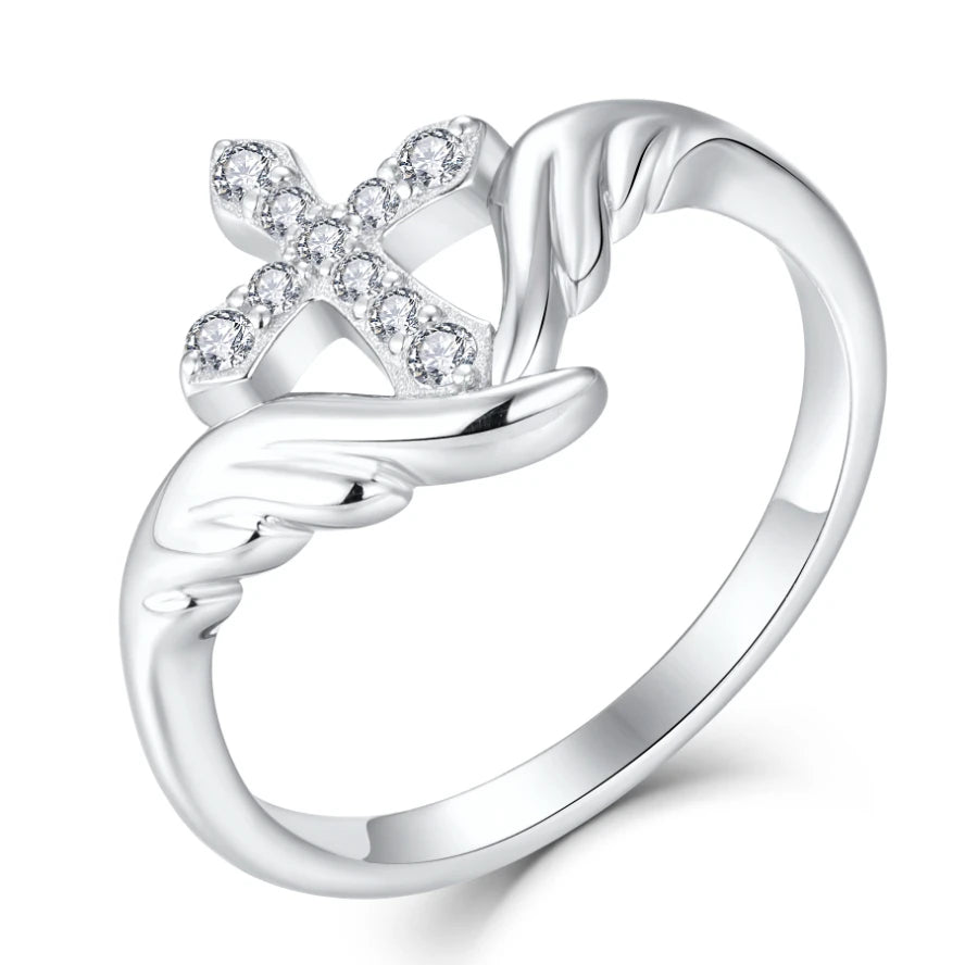 Wholesale Price Solid 925 Sterling Silver Ring Rhodium Plated Hypoallergenic Minimalist Angel Wing Cross Band