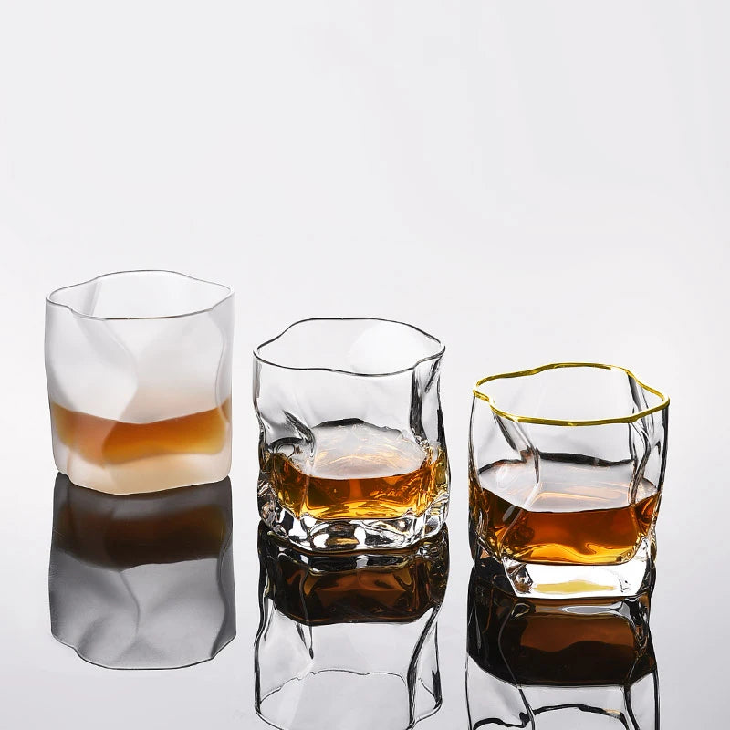8.45oz Twisted Design Old Fashioned Rock Gold Rim Crystal Clear Shot Glass Thick Bottom Whiskey Glass