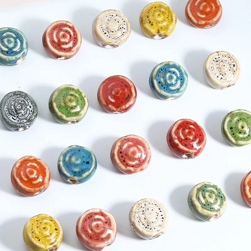 Dainty 16.5*7mm Colorful Ceramic Clay Beads Handmade Flat Rose Flower Loose Bead Charm for DIY Jewelry Making Accessories