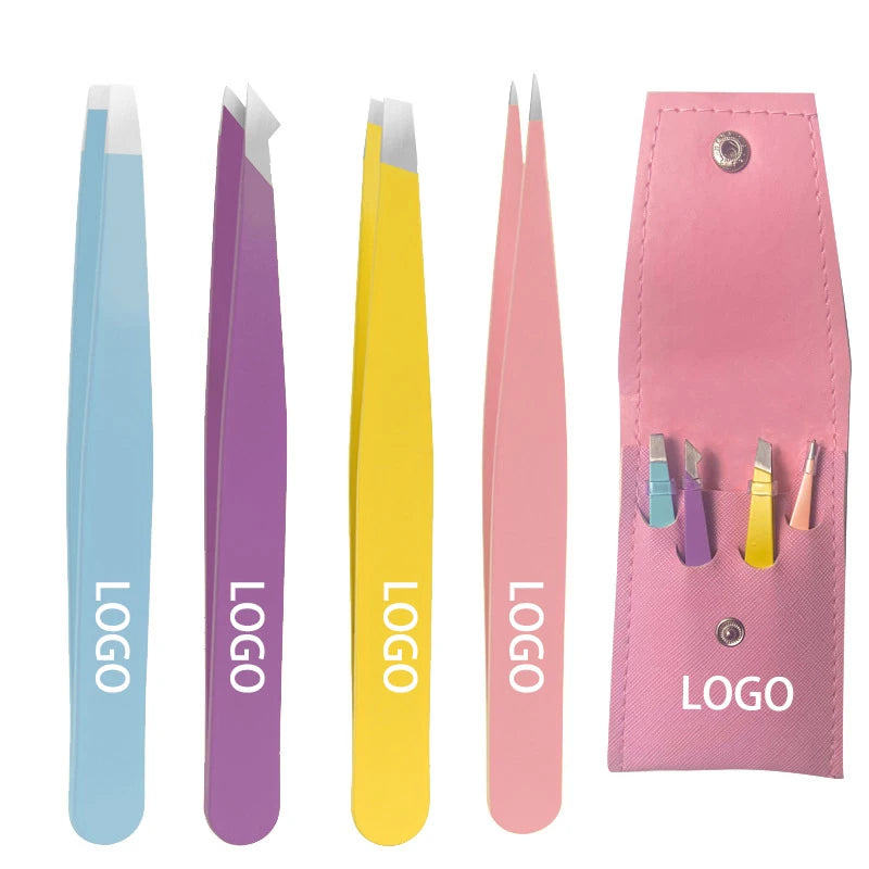 Private Logo 4pcs Grip Eyebrow Tweezers Blue Pink Thick Metal Stainless Steel Brow Tweezers