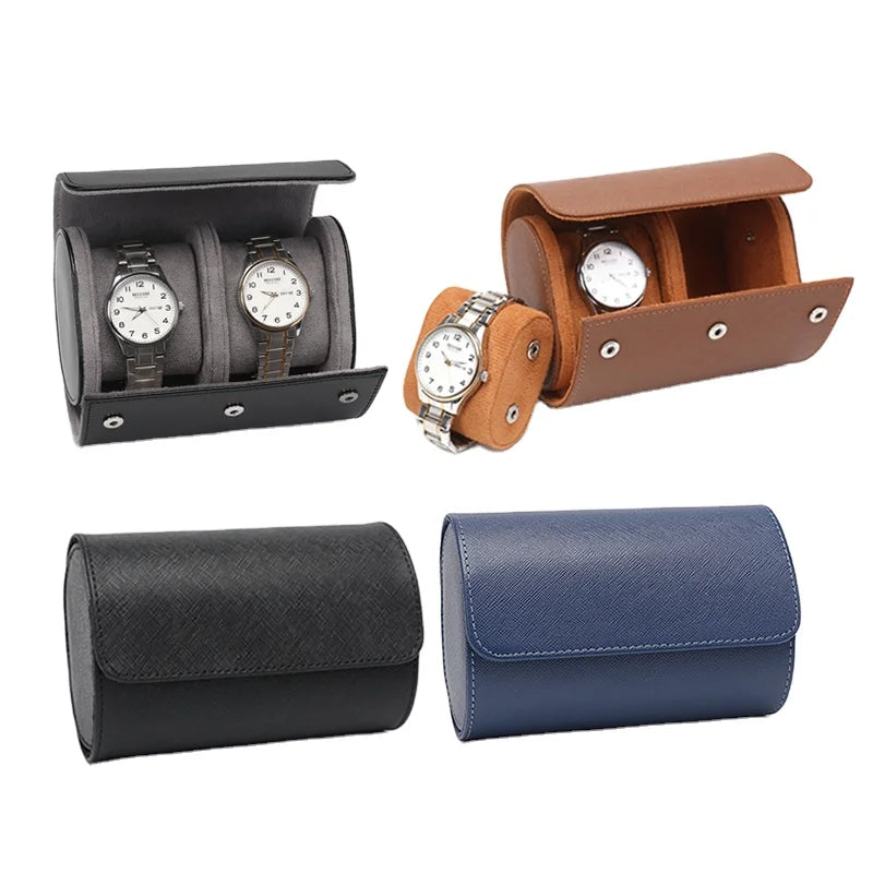 Couple Two-Slot Portable Travel Bag Black Gray Green Brown Watch Roll Box Protective Leather Watch Packaging Case