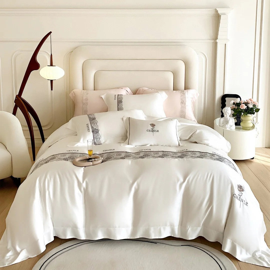 Customizable White Summer Embroidery Duvet Cover  100%lyocell Fiber Double Size Bed Sheet Bedding Set