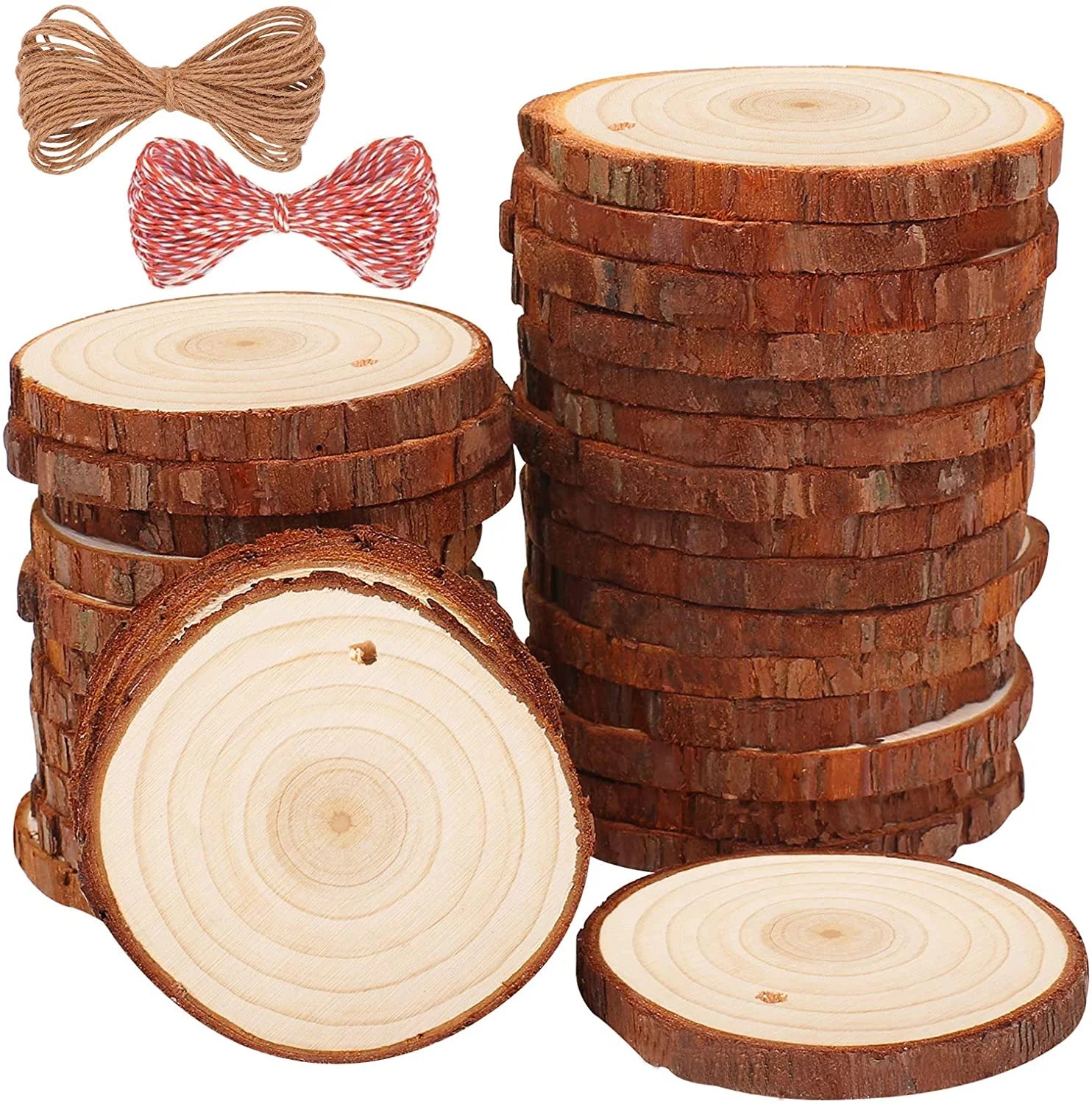 Tailai 2.36-3.93 in Unfinished Natural Pine Wood Slice with Hole Wooden DIY Round Crafts Homemade Ornaments House Decoration