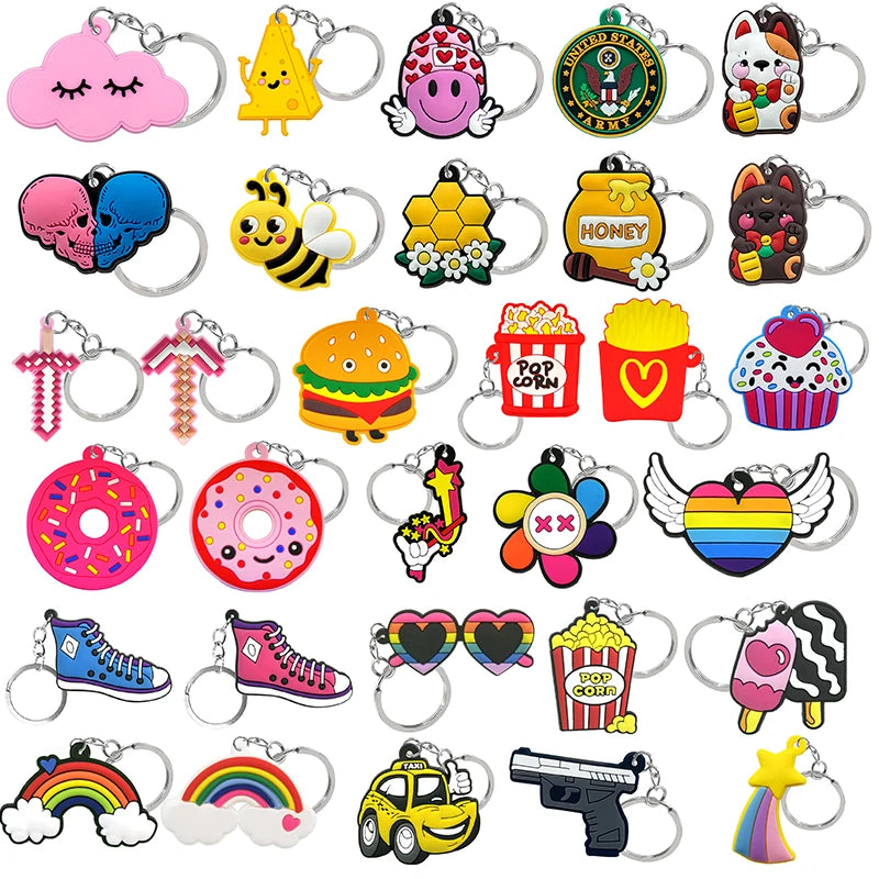 Rubber Keychain French Fries Doughnuts Hamburgers Popcorn Cartoon Key Rings Custom Key Holder Fit Kids Boy Girl Keys Bag Trinket