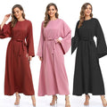 Wholesale Solid Color Plus Size Women's Traditional Muslim Clothing Long Dress Vintage Kaftan Islamic Maxi Skirt Robe with Tie