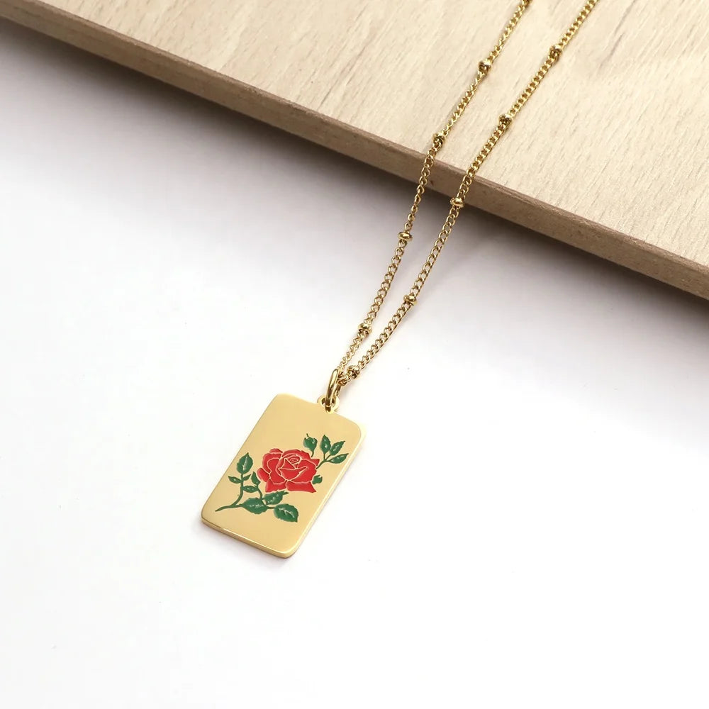 Y&R Jewelry Original Design Women Cute Jewelry 18K Gold PVD Plated Custom Enamel Flower Tag Necklace