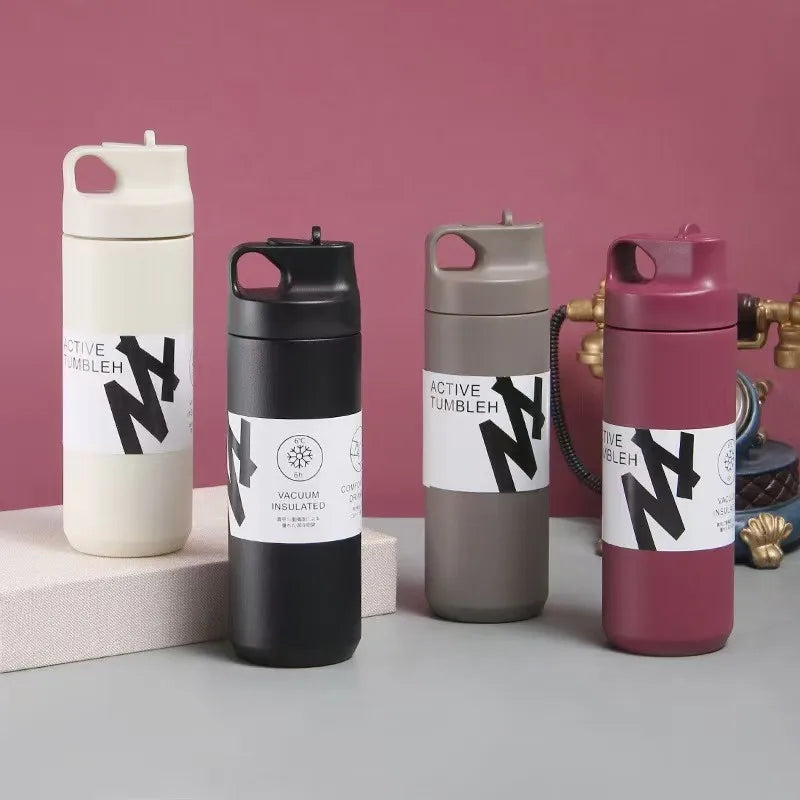 550ML Sports Water Bottle Powder Coated Double Vacuum Insulated Travel Thermos Cup with Straw and Lid As-Stocked