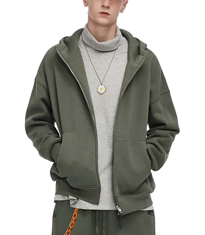 Men's Winter Windproof Waterproof Quick Dry Full Zip Hoodie with Custom Logo Congaroo Pocket Drop Shoulder Design