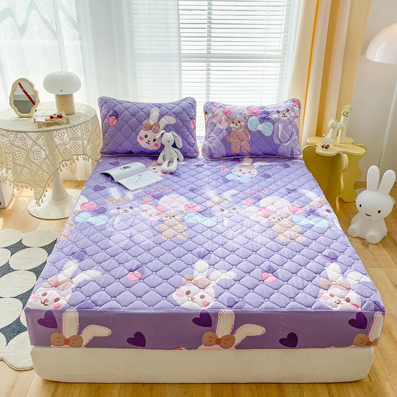Ultrasonic Composite Printed Waterproof Polyester Mattress Protector Fitted Bedsheet Set Pillowcase-King Queen Size Covers