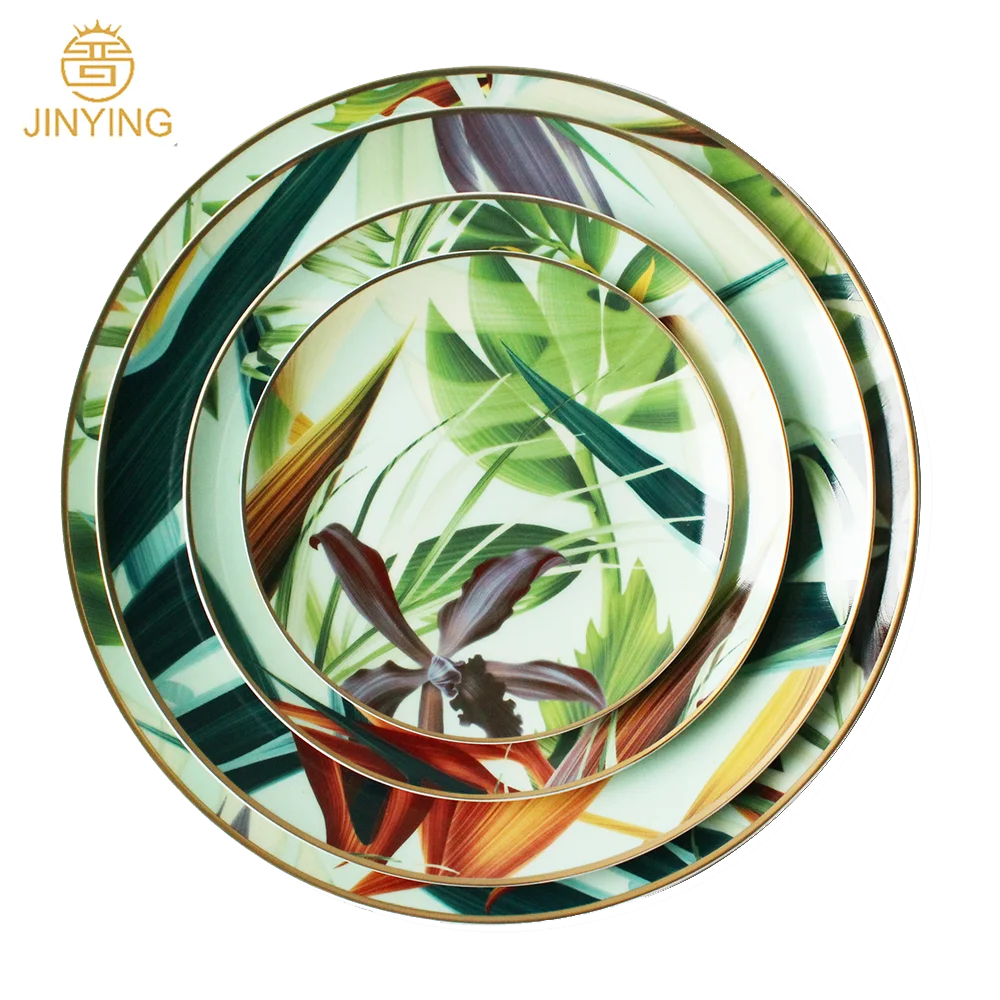 Fine Bone China Charger Plate Ceramic Dinner Set Gold Rim Green Leaf Dinnerware for Party Event
