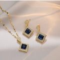 New Stainless Steel Chain Brass Gold Plated Pendant Necklace Jewelry Set Rhombus Blue Zircon Earrings Necklace Dubai Jewelry Set