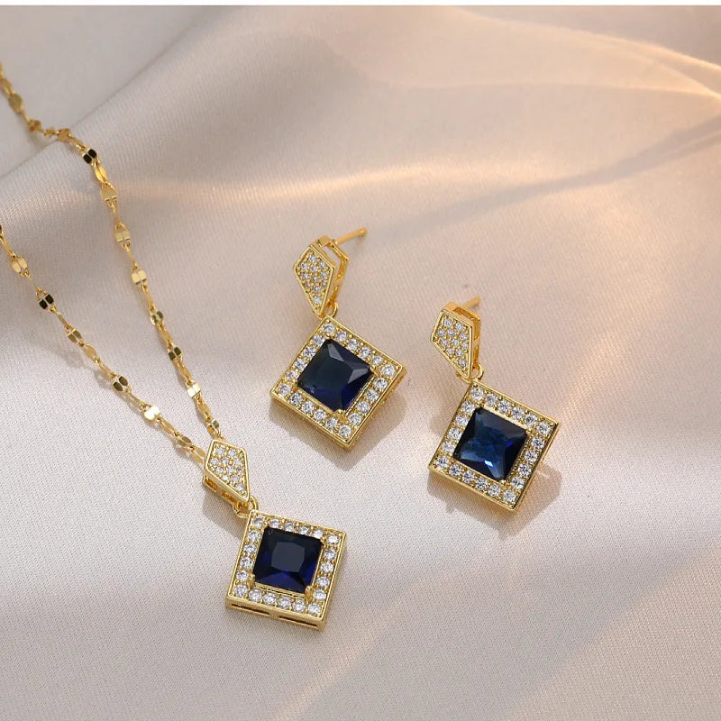 New Stainless Steel Chain Brass Gold Plated Pendant Necklace Jewelry Set Rhombus Blue Zircon Earrings Necklace Dubai Jewelry Set