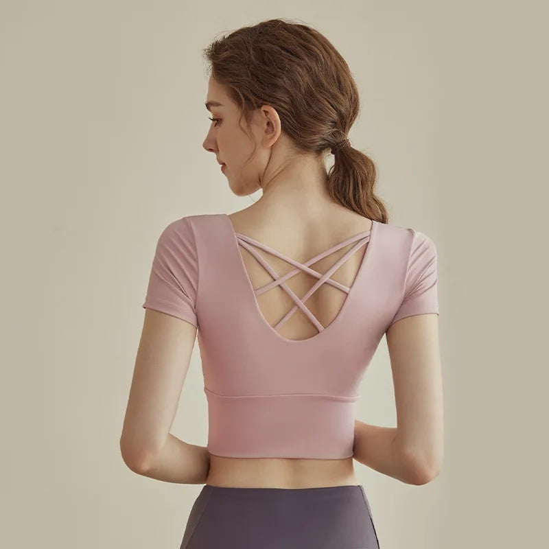 Yoga clothes for women new style with chest pad short sleeve sports fitness Pilates training clothes tops elegant style suit