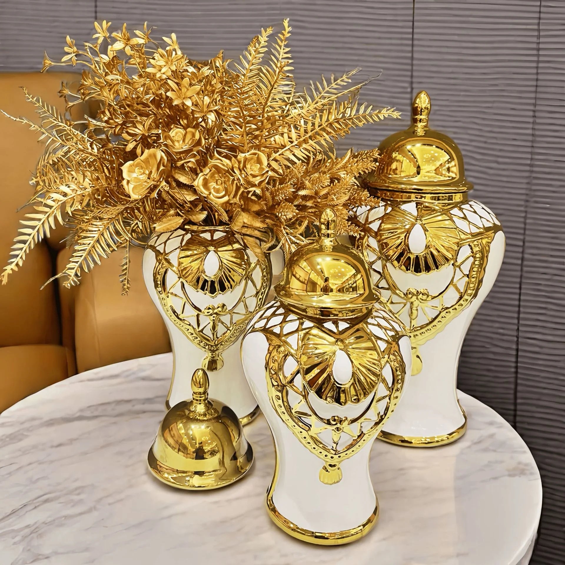 Gold Plated Ceramic General Jar European Style Flower Vase Desktop Crafts Decorative White Storage Ginger Jar for Home Decor