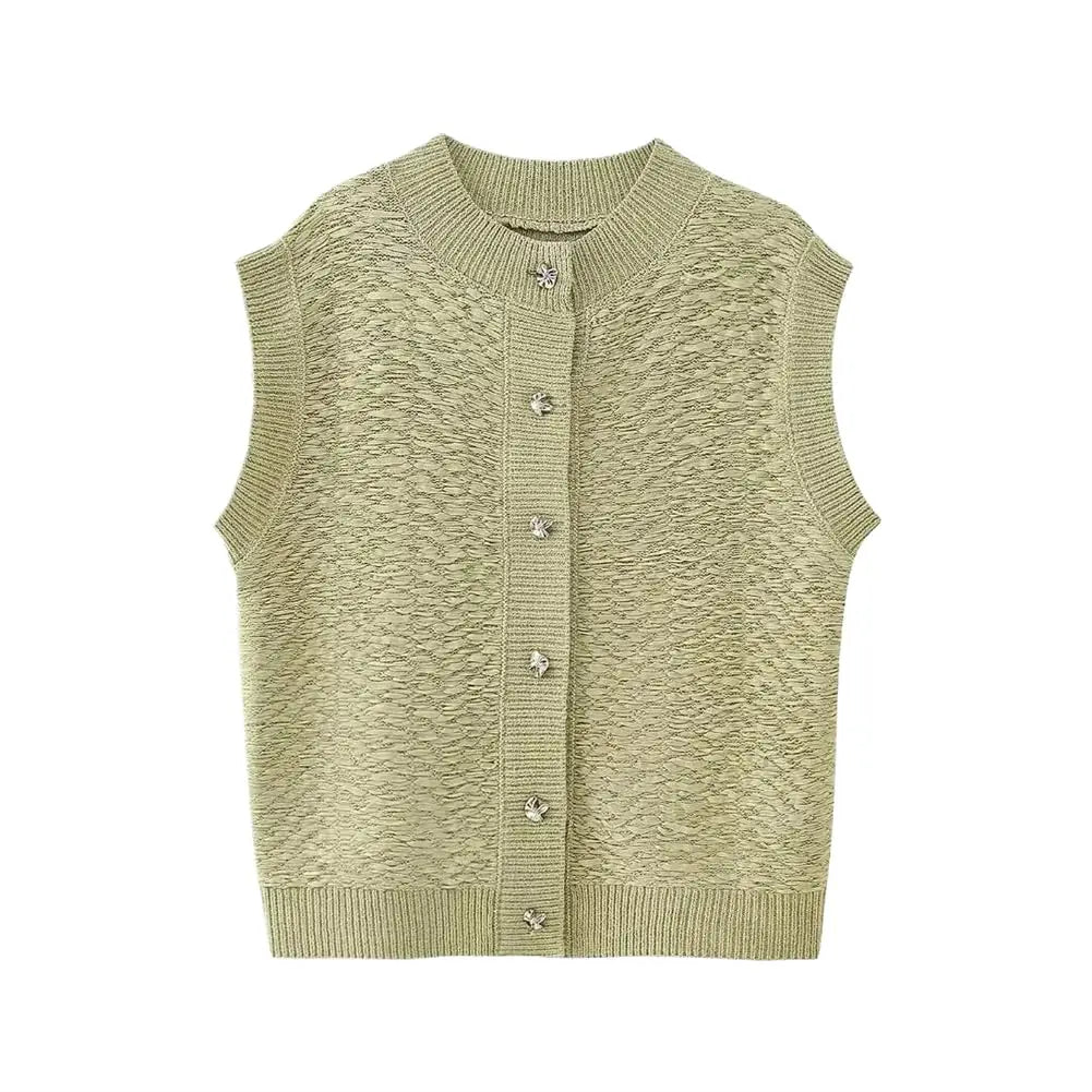 Casual Style Women's Green Cardigan Sweater Custom Knitwear with Button Decorations Front Logo Position Textured Vest