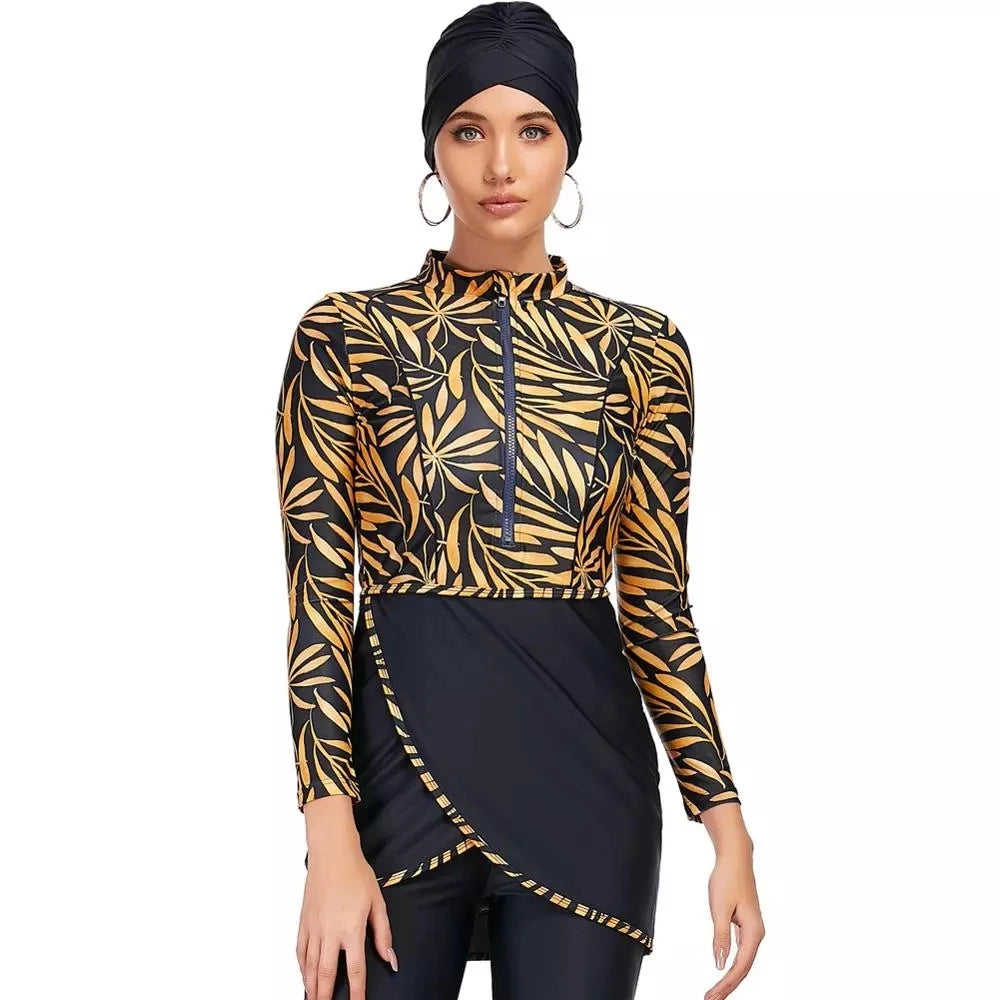 Muslim Swimwear Women Modest Patchwork Hijab Long Sleeves Sport Swimsuit 3pcs Islamic Burkinis Wear Bathing Suits