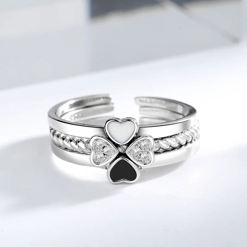 3 In 1 Love Heart Four-Leaf Lucky Clover Rhinestone Adjustable Opening Ring for Women Party Wedding Engagement Jewelry Gift