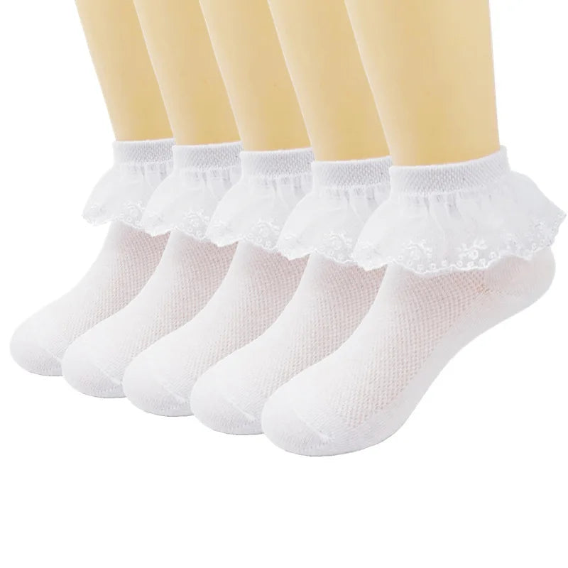 Hot Selling Children's Dance Socks Girls' Summer Mesh Thin Solid Color Lace Socks Princess Lace Pleated Socks