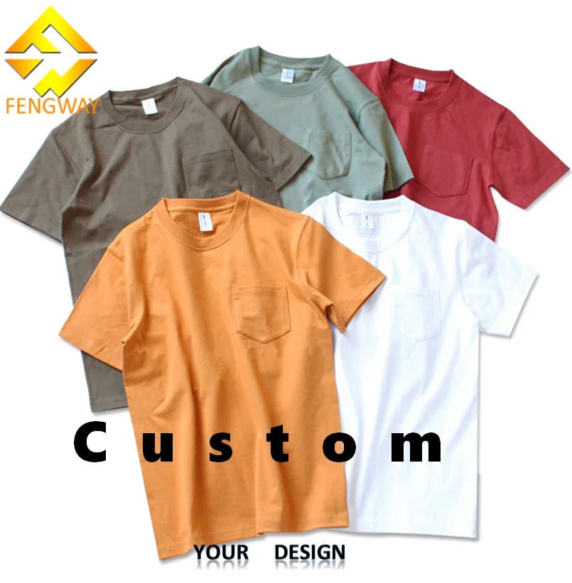 Fengway Custom 265gsm Heavyweight T-Shirts for Men 100% Cotton Short Sleeve Crew Neck Tee Top with Pocket