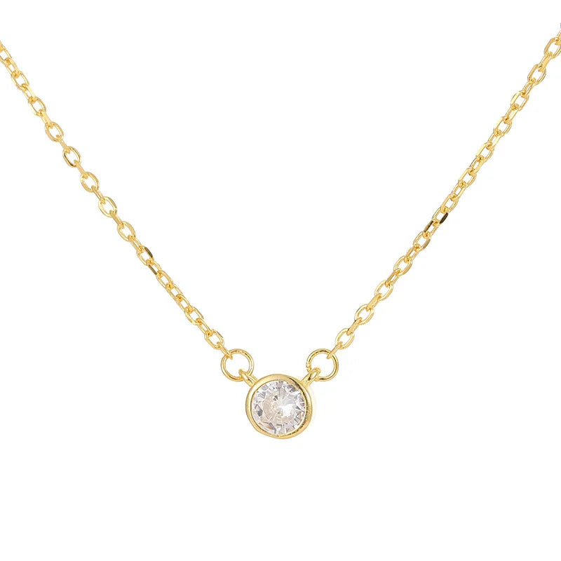 Fashion Minimalist Jewelry 925 Sterling Silver Simple Single Round Zircon Pendant Necklace Gold Plated Necklaces for Women