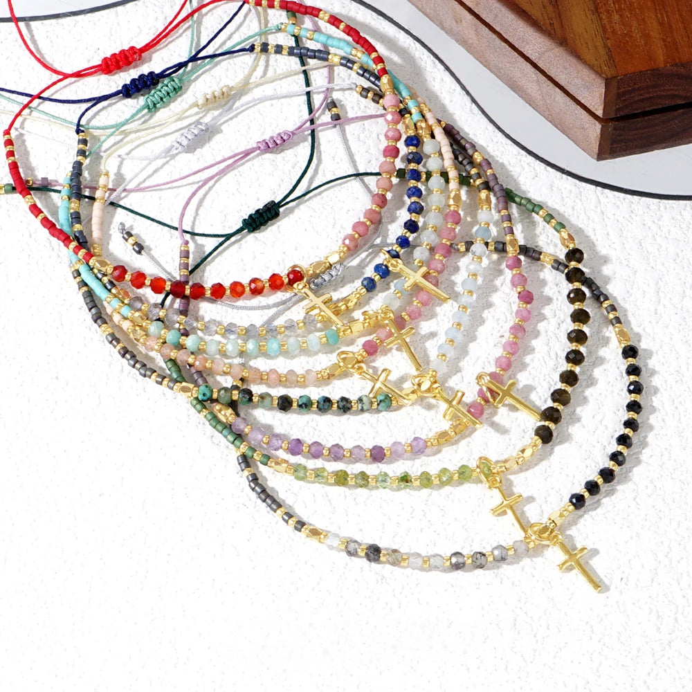 Go2boho Classic Dainty Gemstone Fashion Jewelry Boho Handmade Cross Pendant Natural Stone Beaded Bracelets for Women