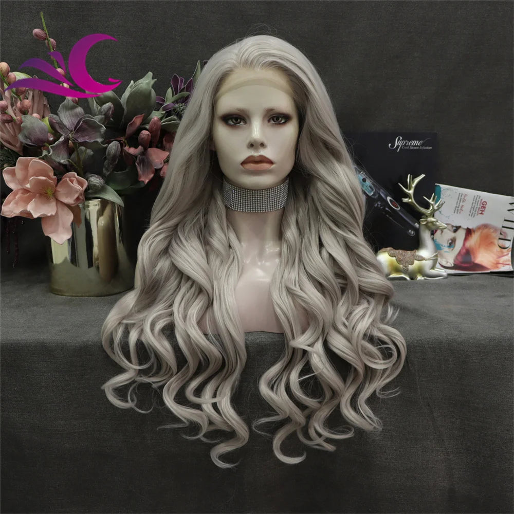 Celebrity Wholesale High Density Heat Resistant Fiber Pre-plucked Natural Hairline Silver Lace Front Wigs