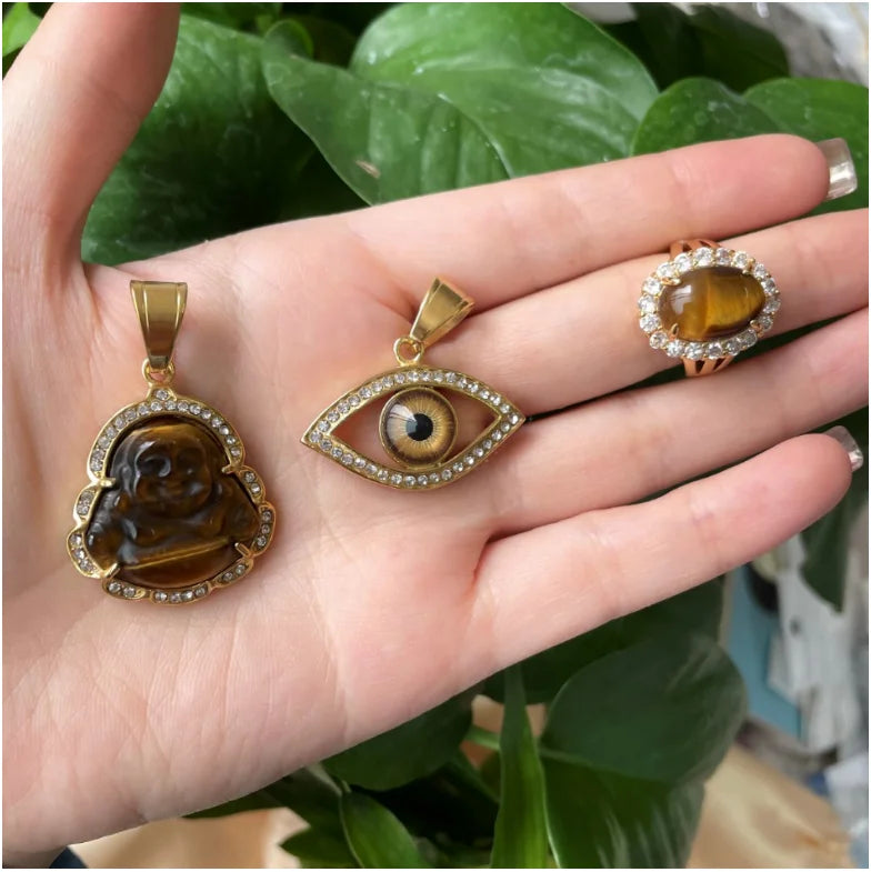 New! Stainless Steel Gold Plated Diamond tiger Evil Eyes Blue Eye Pendant Third Eye Jewelry Women Charm Buddha Pendants Necklace