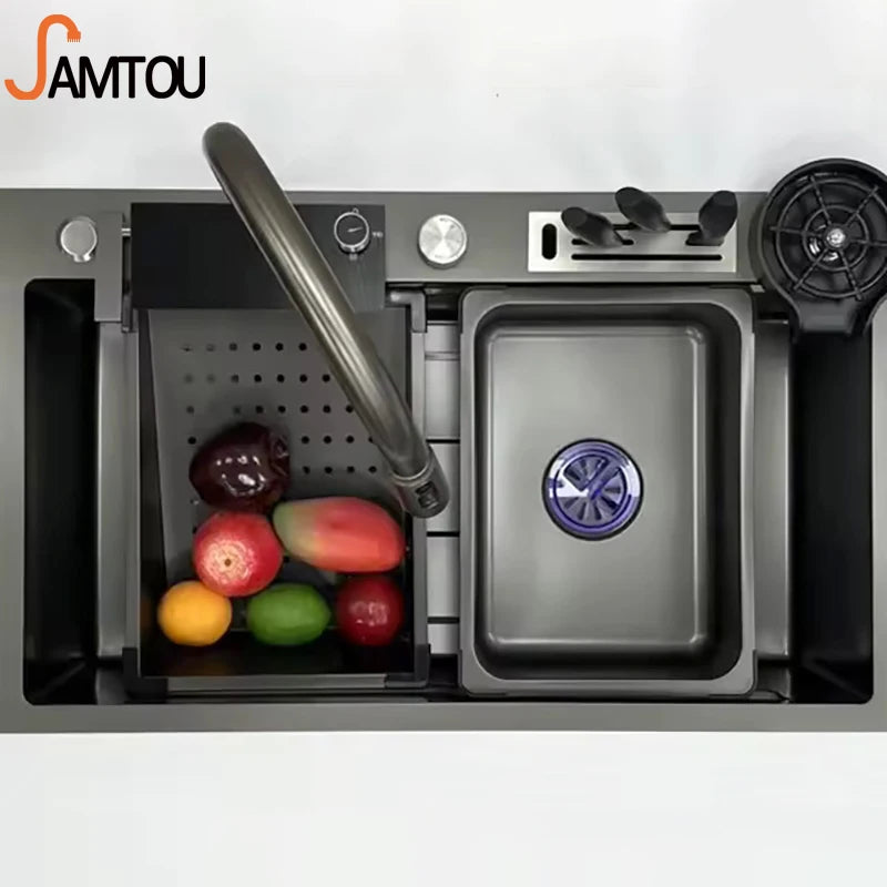 Bowl Drain Rack Kitchen Sink Dishes Storage Rack Handmade Kitchen Sink with Lifting Faucet Black Stainless Steel Kitchen Sink