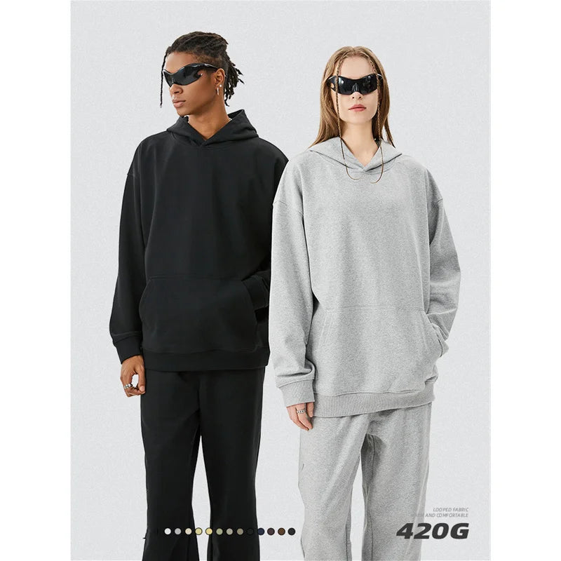 420 Gsm Cotton Custom Logo Oversize Men Plain Heavyweight Terry No String Thick Blank Hoodies