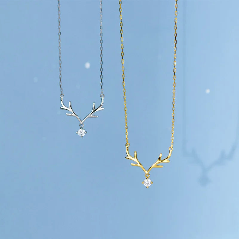 925 Silver Fashion Jewelry Christmas Antlers Elk Deerhorn Zircon Pendant Gold Plated Necklaces for Women Christmas Gifts
