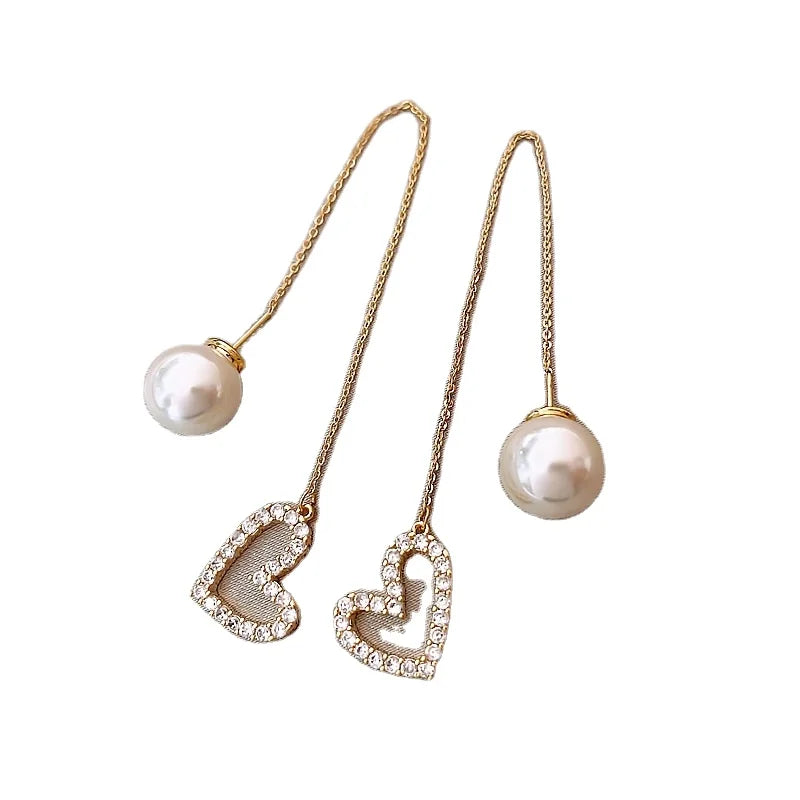 Heart Pearl Earrings Long Tassel Earrings New Copper Inlaid Zircon Exquisite Earrings