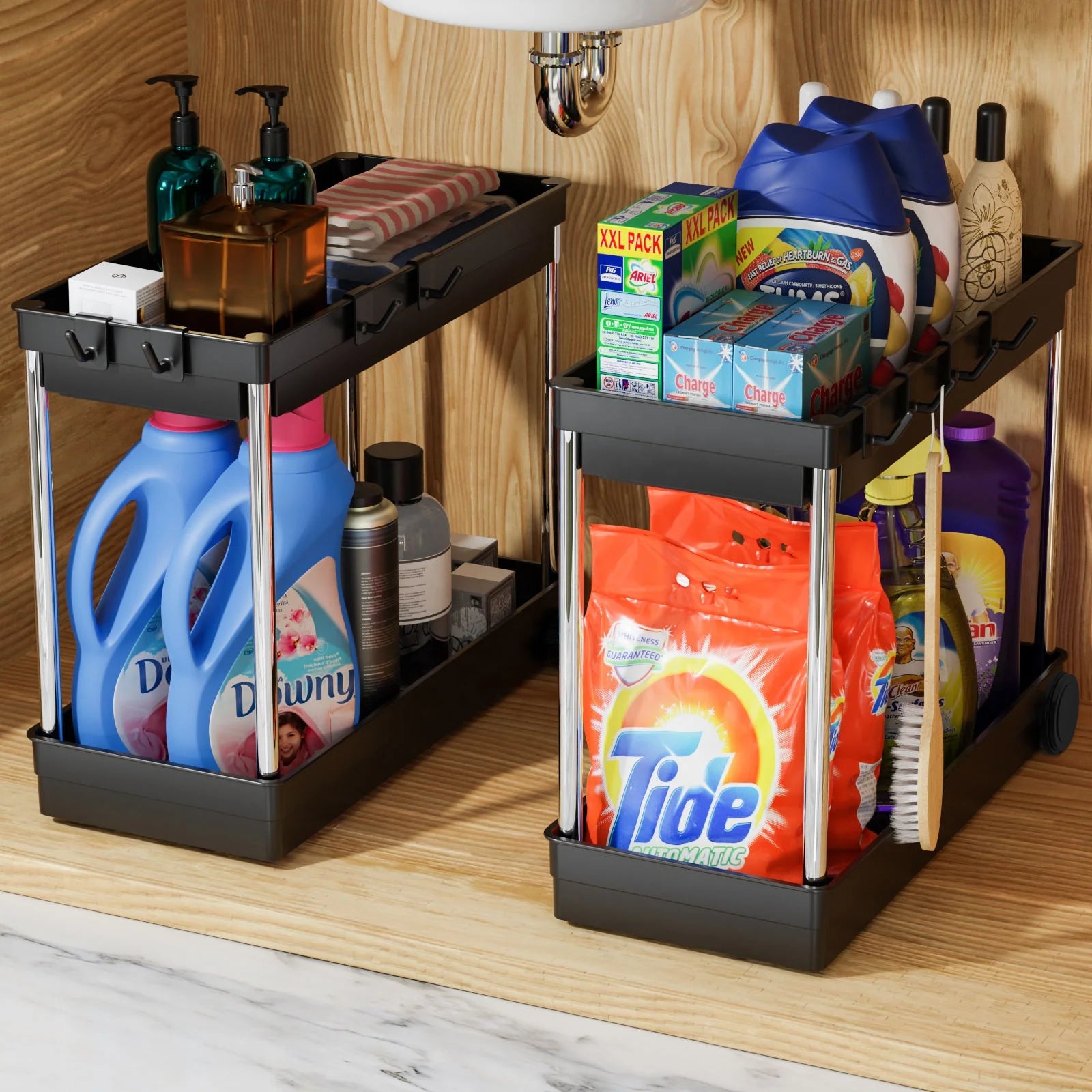 Under Sink Organizer Roll Out Under Cabinet Storage Kitchen Organizer Drawer with Hooks Bathroom Standing Rack and Shelves