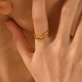 Minimalist 18K Gold Plated Waterproof Three Layer Hollow Staggered Lines Stainless Steel Open Ring