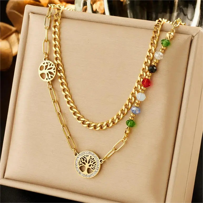 Wholesale Fine Zircon Top Quality Elegant Women Stainless Steel 18K Gold Plated Tree of Life Jewelry Set for Women
