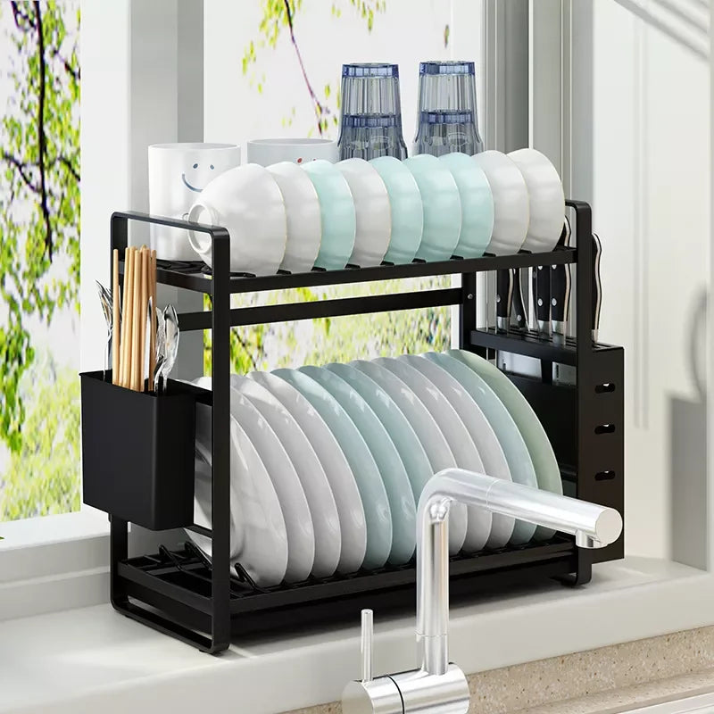 Large Capacity Double Layer Sink Dish Rack Home Kitchen Storage Drainer Drying Rack 2 Tire Rust-Free Plastic Metal for Dish Bowl