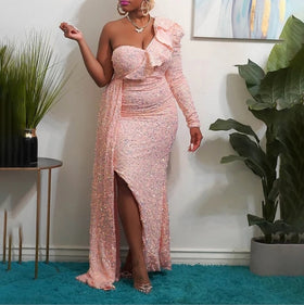 2023 Women's Wear European and American Winter African Dress Fashion New Single Shoulder Beaded Party Evening Dress