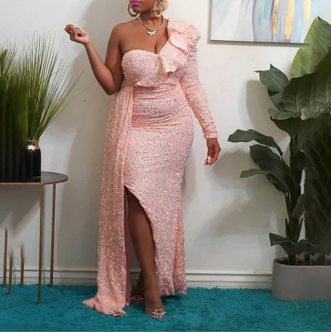 2023 Women's Wear European and American Winter African Dress Fashion New Single Shoulder Beaded Party Evening Dress