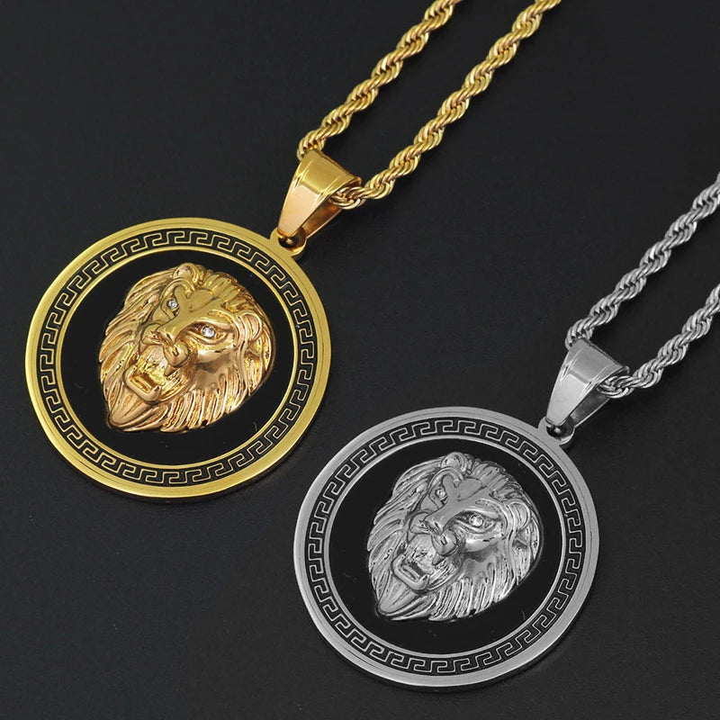 No Fade Men Lion Jewelry Stainless Steel 18k Gold Plated Black Oil Diamond Lion Head Necklace Round Iced Out Cz Animal Necklace