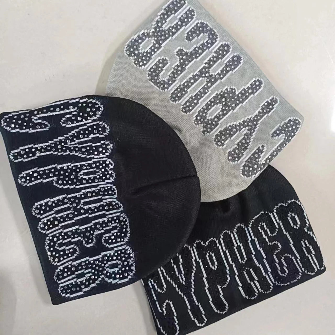 Custom Logo Winter Warm Bling Bling Diamond Rhinestone Knitted Jacquard Beanie Beanies With Rhinestone
