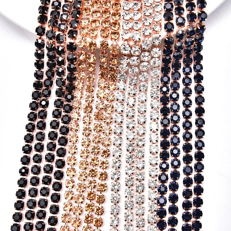 Rose Gold Base Dense Glass Rhinestone Cup Chain Diy Mobile Phone Case Jewelry Crystal Diamond Trim for Clothes Shoes Accessory