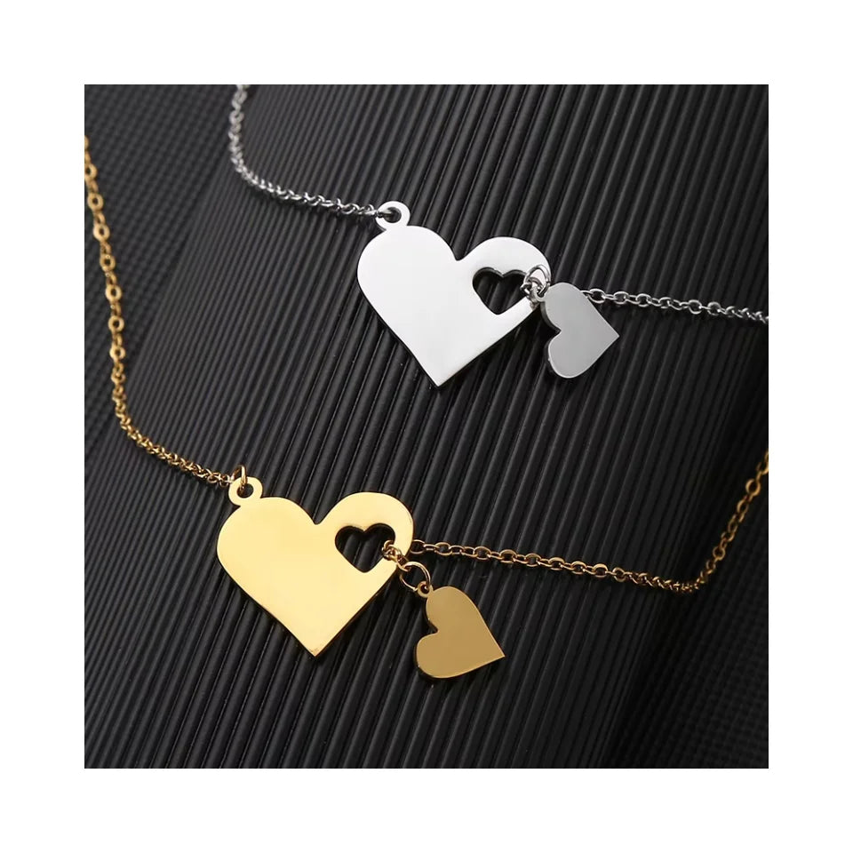 Cheap 18k Gold Plated Stainless Steel Creative Hollowed Out Peach Heart Engraved Couples Double Heart Pendant Necklace